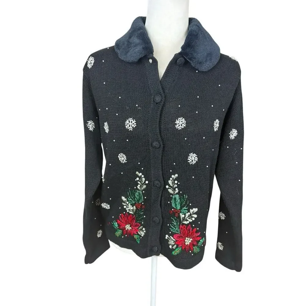 Victoria Jones Sweater Womens Size P/M Black‎ Wool Fur Collar Christmas Cardigan